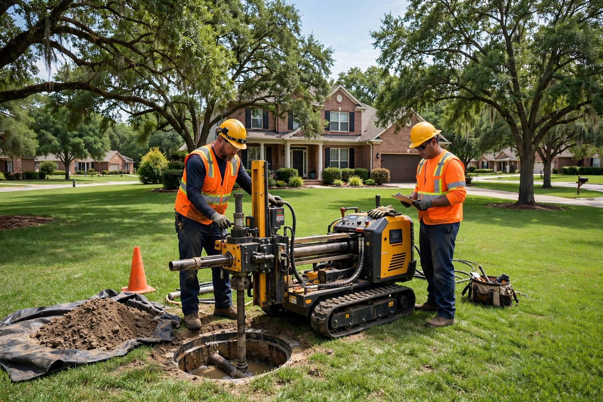 Trenchless sewer repair crew operating a drilling rig in a Grapevine, TX front yard with the lawn left intact