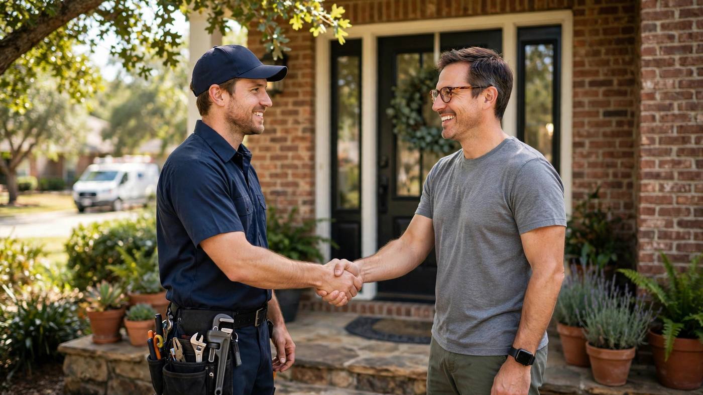 Trenchless Sewer Repair Grapevine technician with a local homeowner
